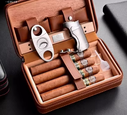 High Quality  Portable Travel Leather with Lighter Cutter Gift Set Cigar Humidor Case Cigar Box
