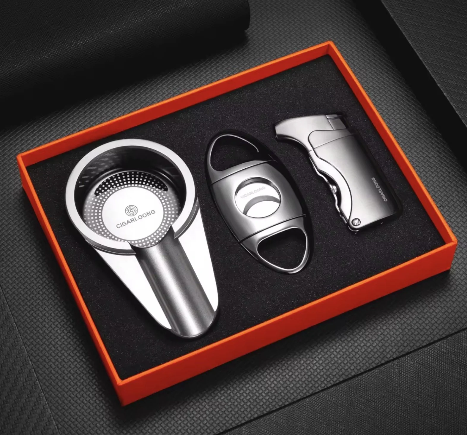 Cigar Lighter with Sharp Double Blade Zinc Alloy & Stainless Steel Modern Cigar Cutter Cigar Ashtray Gift Set