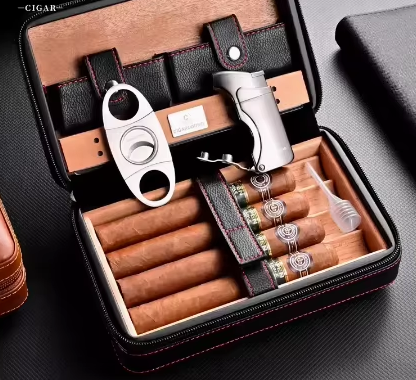 High Quality  Portable Travel Leather with Lighter Cutter Gift Set Cigar Humidor Case Cigar Box