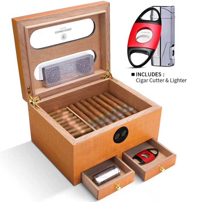 Built-in Humidifier & Hygrometer Cigar Storage Box Double Layer with Two Drawer Cedar Wood Cigar Humidor Yellow