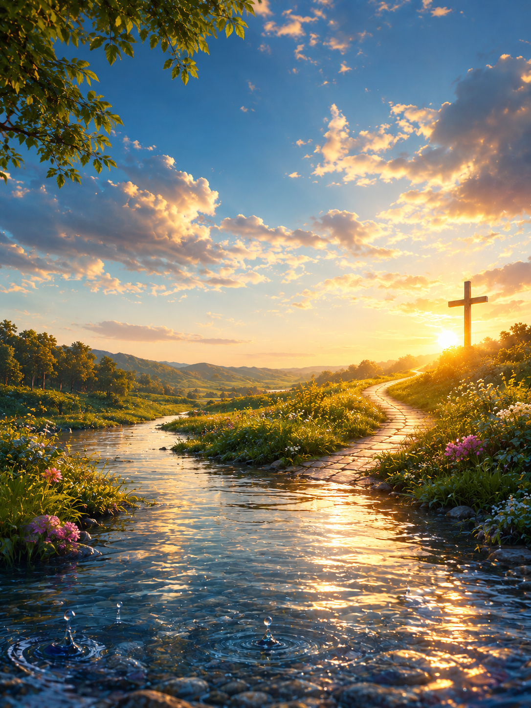 A scenic landscape featuring a river flowing through a lush green valley, with a stone path leading to a cross on a hill at sunset, under a sky with scattered clouds.