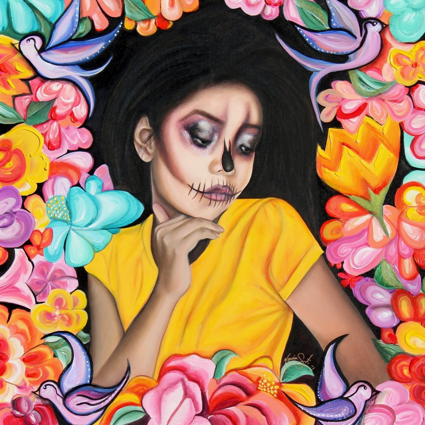 A woman with Day of the Dead face paint, wearing a black hat and a yellow shirt, surrounded by colorful flowers and butterflies.