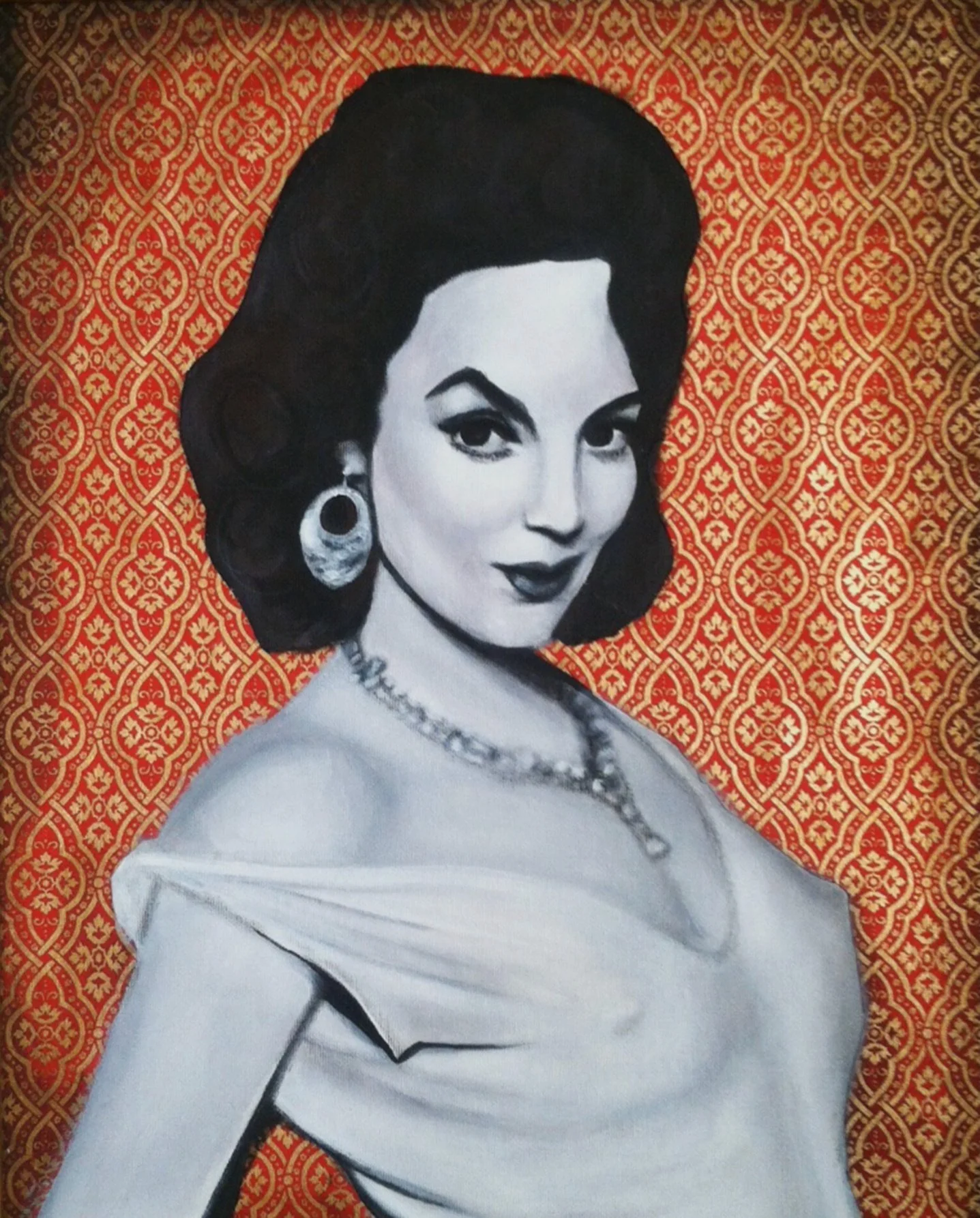 A black and white portrait of a woman with styled hair and elegant jewelry against a red patterned background.