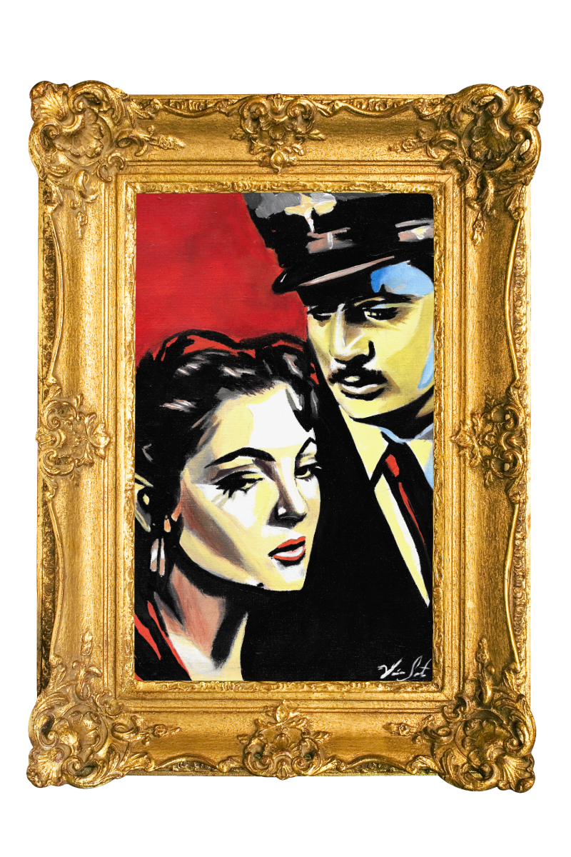 Painting of a woman with dark hair and a man in a police uniform, both depicted in bold colors, framed in an ornate gold frame.
