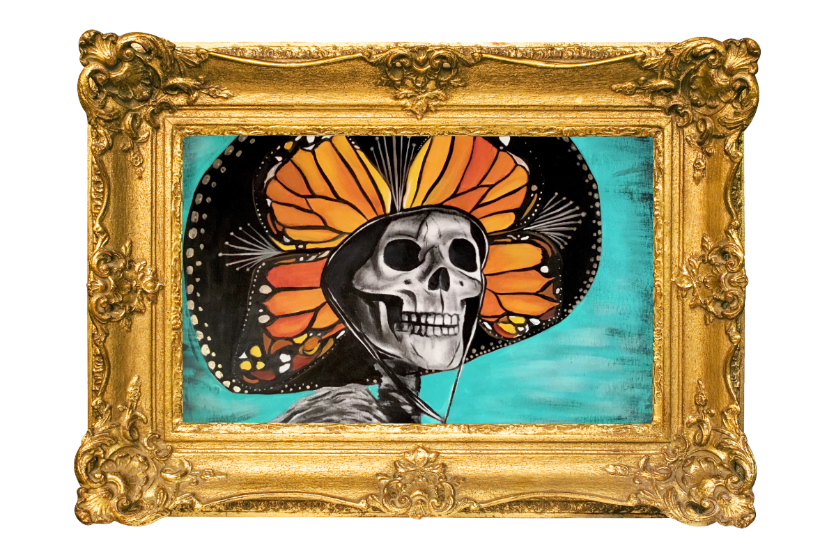 A framed colorful artwork of a skeleton with a butterfly-shaped butterfly wings hat against a turquoise background.