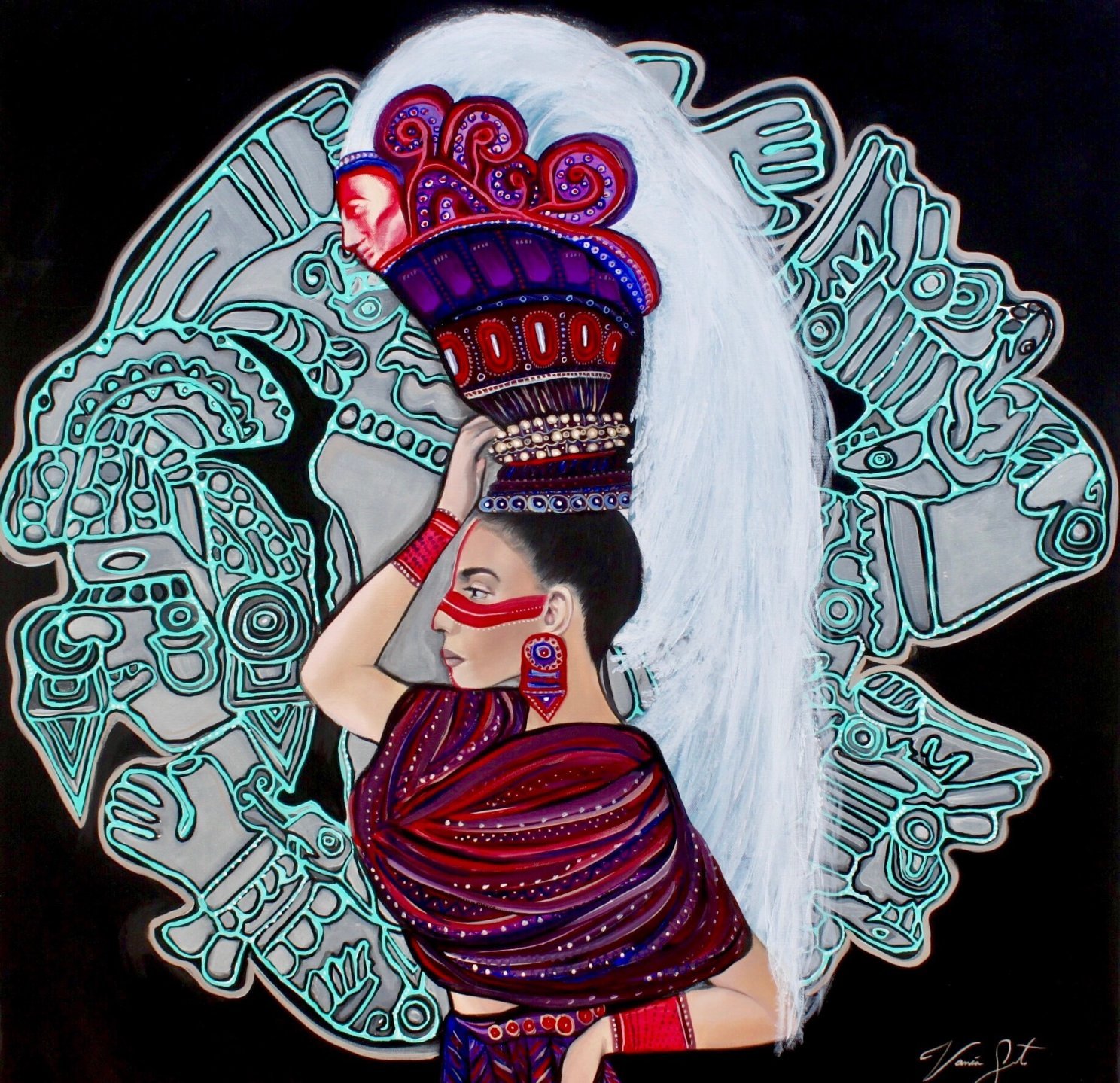 A woman with traditional attire and face paint holding a decorative vessel with a human face, set against a background of complex, glowing tribal patterns.
