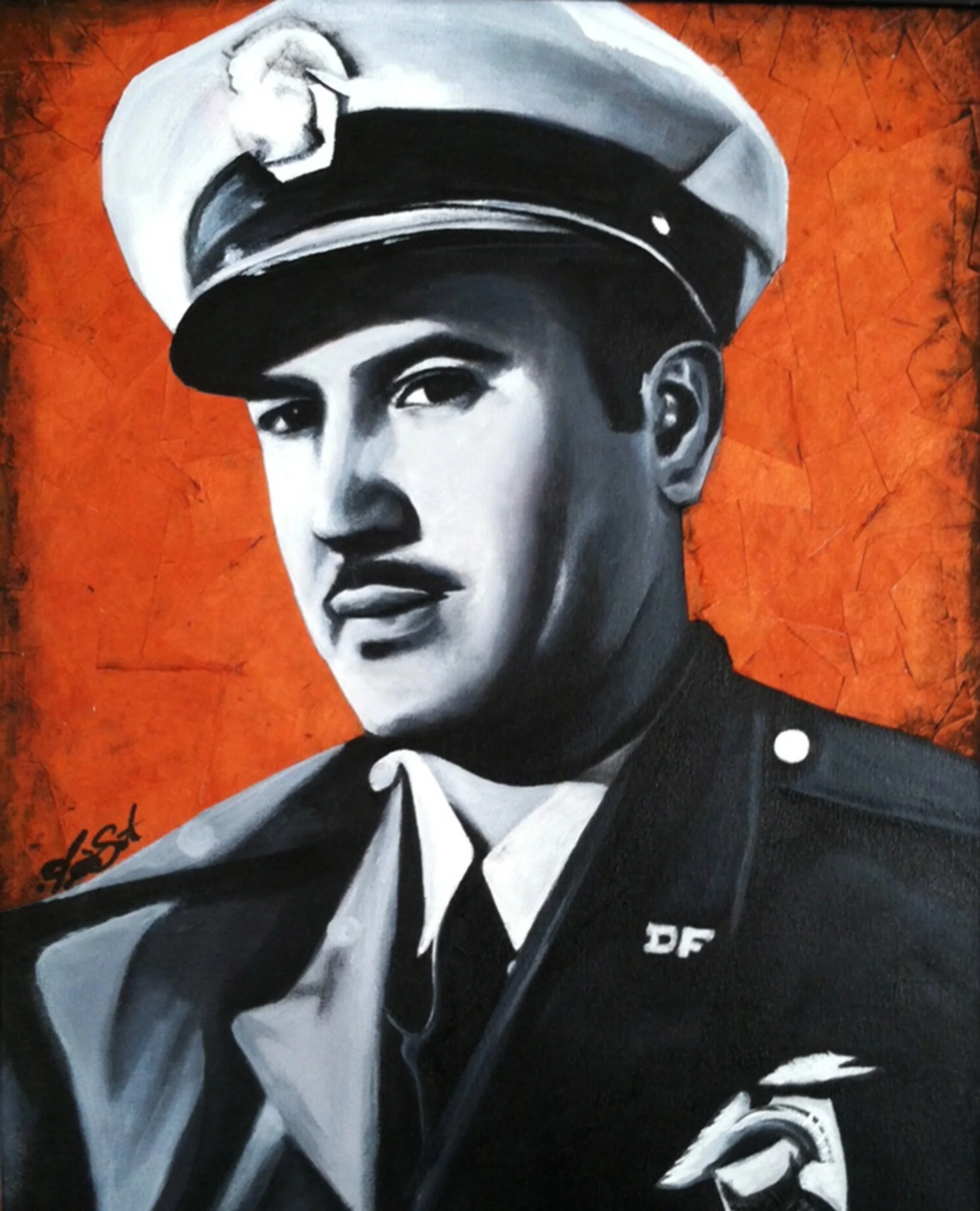 Black and white portrait of a woman in military uniform wearing a hat, with a red background and some signature or writing in black at the bottom left.
