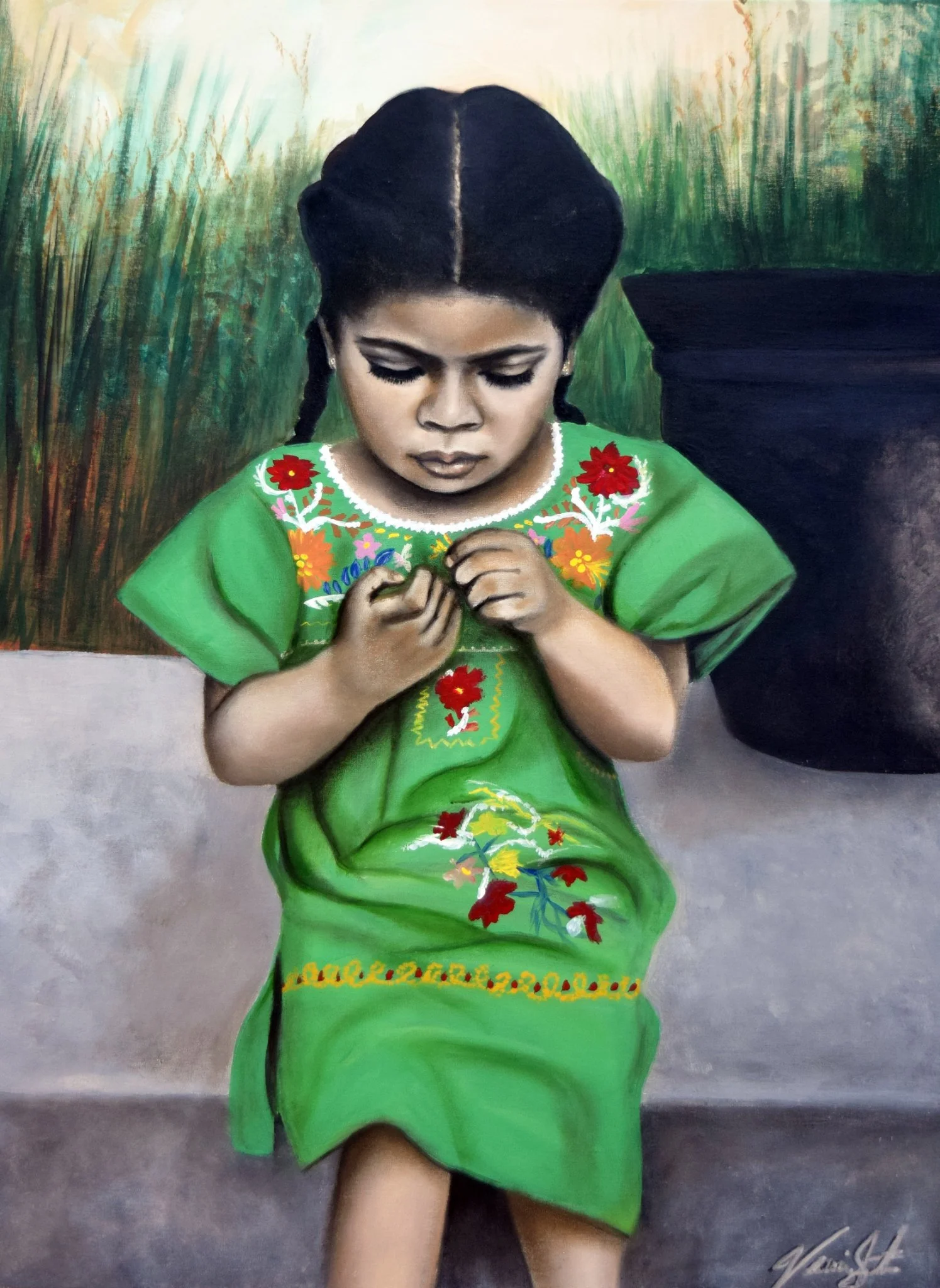 Painting of a woman in a green dress with embroidered flowers, sitting on the ground with her head bowed and hands clasped, set against a background of green and black grass and foliage.