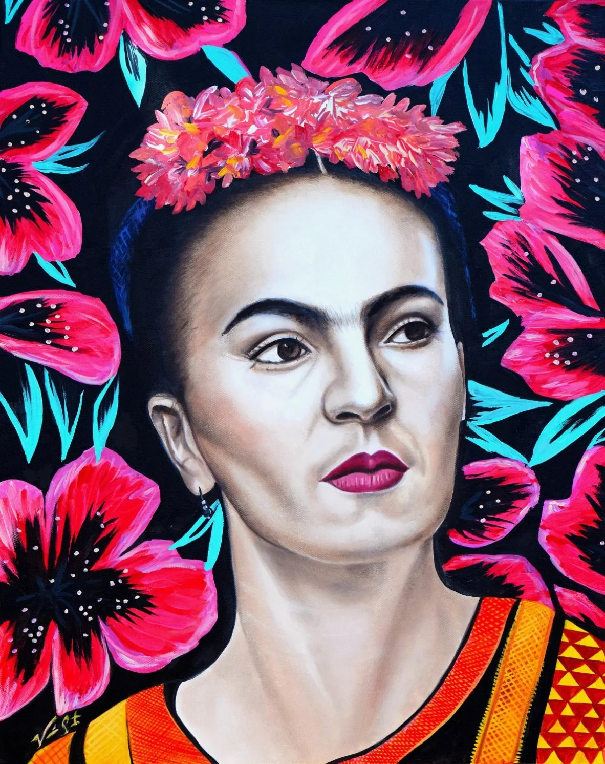 A mural painting of a woman with a floral crown, surrounded by pink and red flowers with blue leaves against a black background.