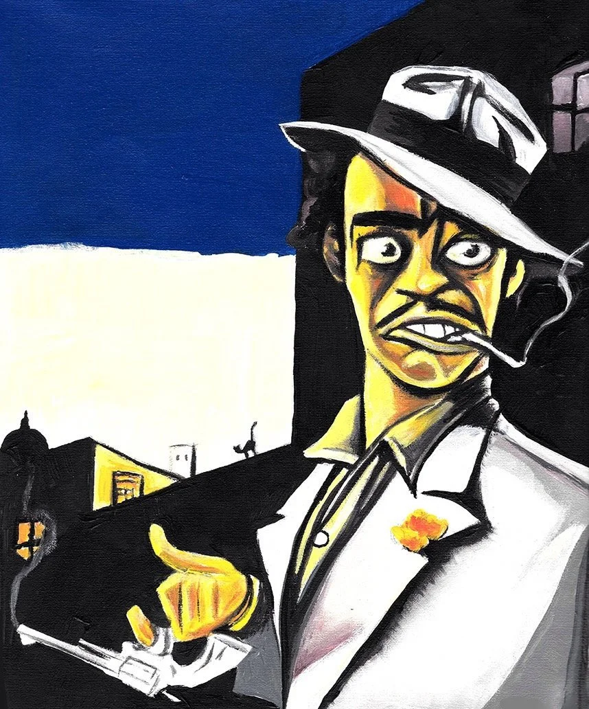 A stylized painting of a man wearing a suit and a fedora hat, holding a cigarette in his mouth, with a cityscape background featuring buildings and street lamps, rendered in bold black, yellow, and blue colors.