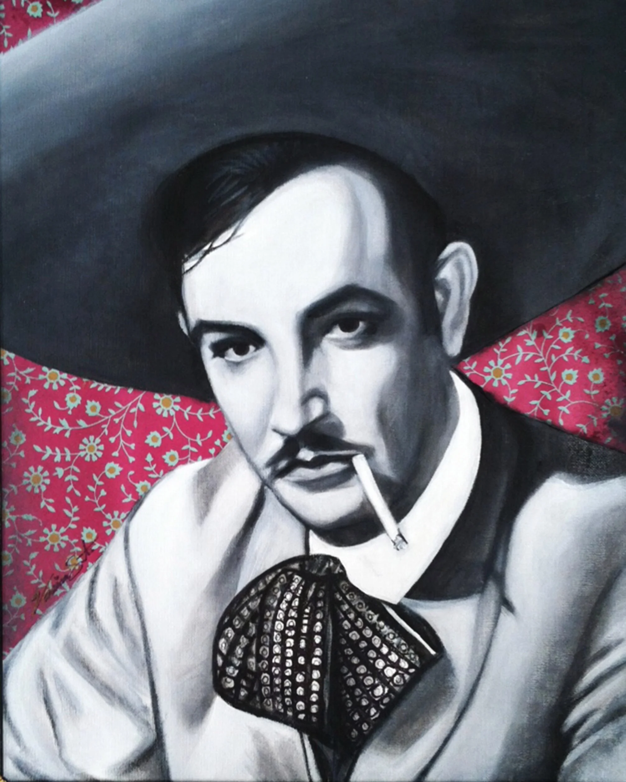 Black and white painting of a woman with short hair, wearing a patterned scarf, with her finger near her lips, against a red floral background.