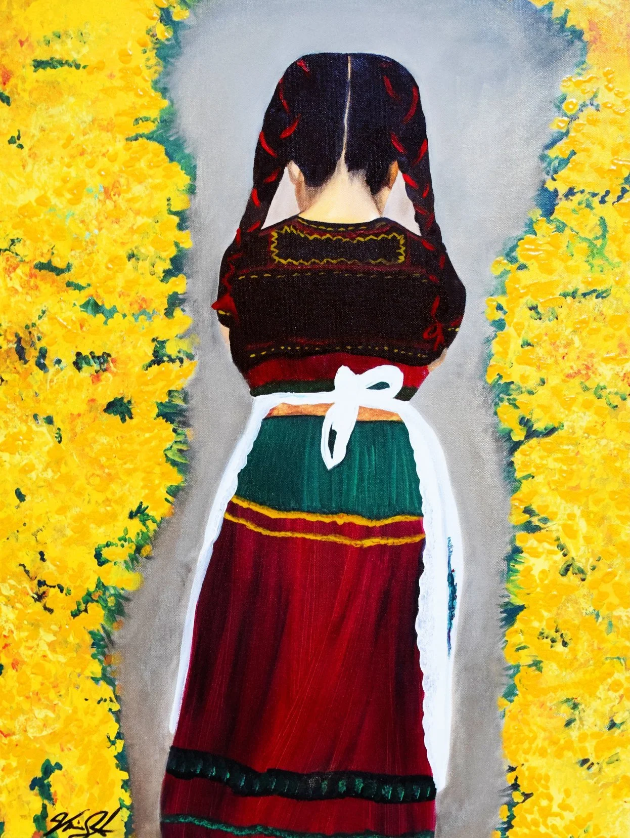 A painting of a woman from behind, dressed in traditional clothing, walking on a path flanked by yellow flowering bushes.