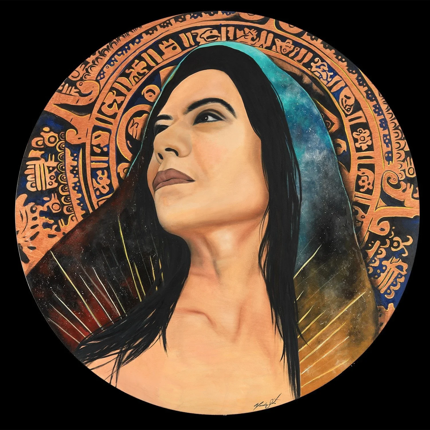 A portrait of a woman with long black hair, set against a colorful background with artistic symbols and a cosmic sky, resembling an artistic or digital painting of a woman with a decorative halo.