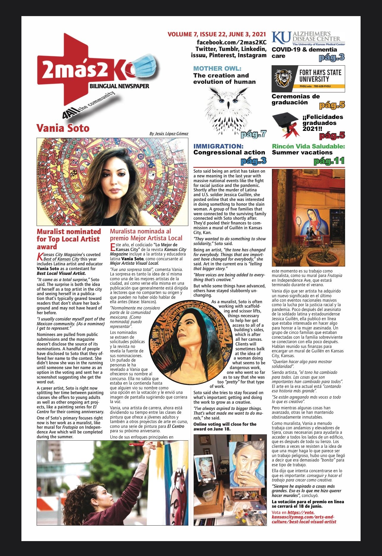A bilingual newspaper page featuring articles about local arts, community events, and personal stories, including a prominent photo of a woman with long dark hair and a colorful mural background. The page also contains smaller images of a person painting and a workspace with art supplies.