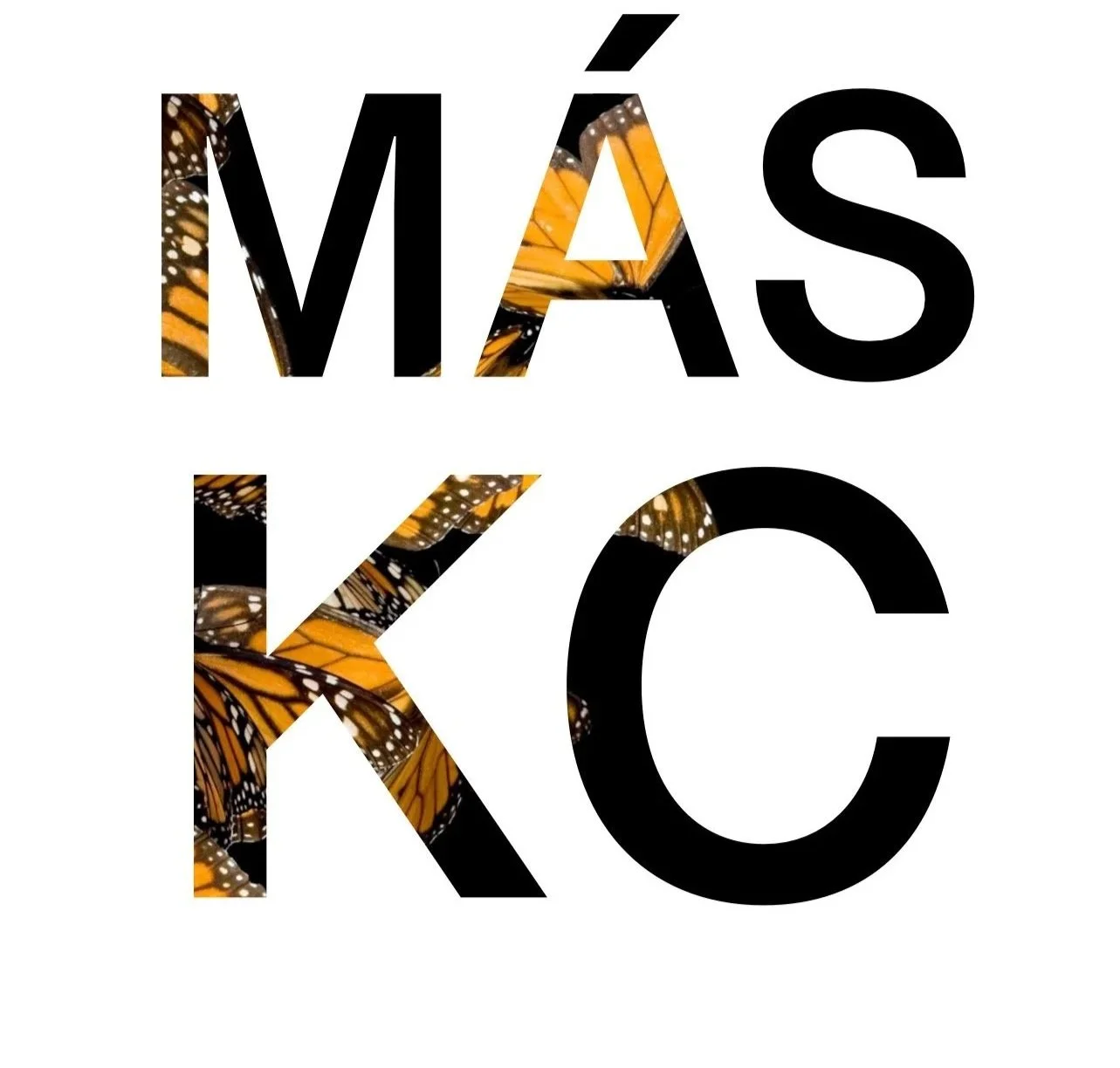 The words "MASK" and "KC" with the letters filled with orange and black monarch butterfly wing patterns, on a white background.