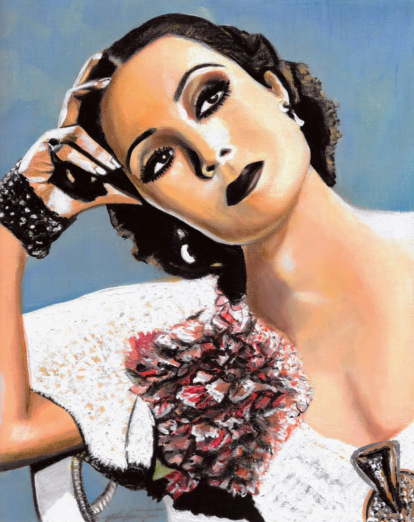 A portrait of a woman with short curly hair and heavy makeup, wearing a floral-patterned top and black accessories, resting her head on her hand.