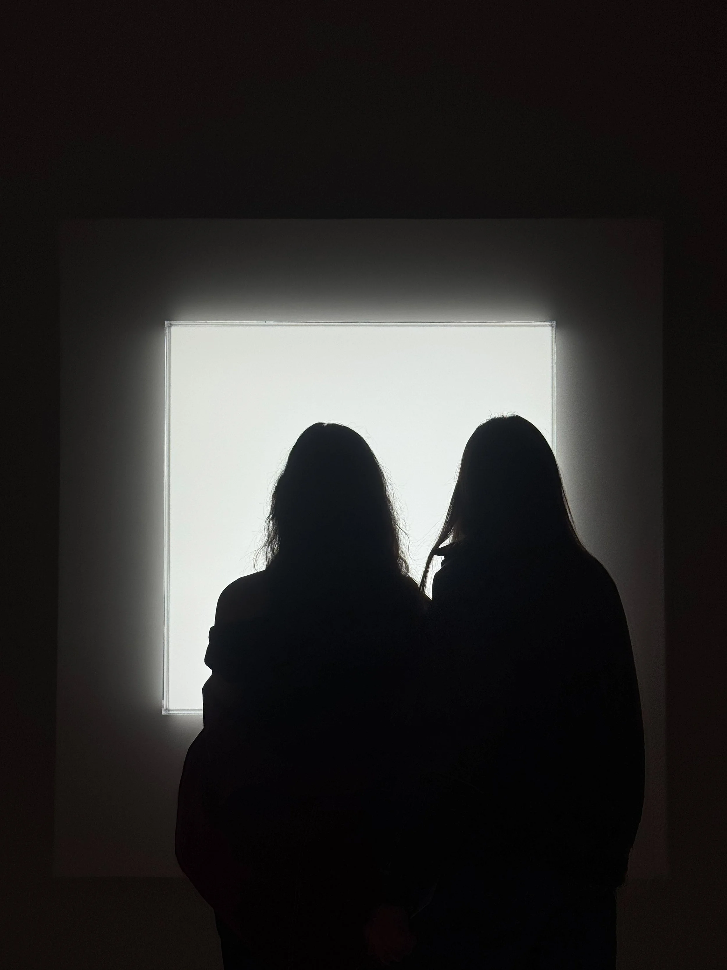 Two women in silhouette facing a square lightbox in a dark room.