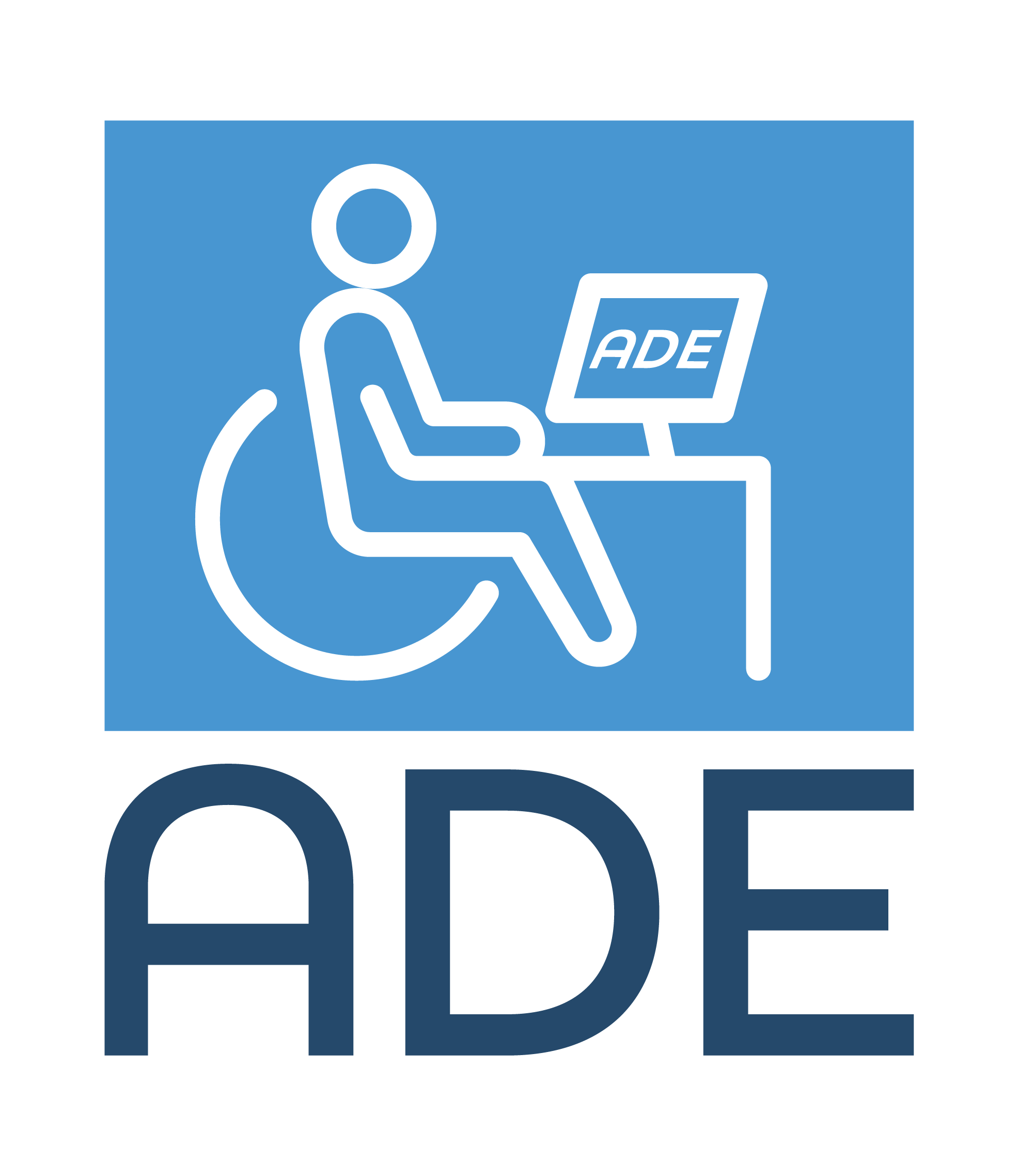 Blue square with white outline of a person in a wheelchair using a computer labeled 'AIDE' and the word 'ORDRE' in uppercase letters.