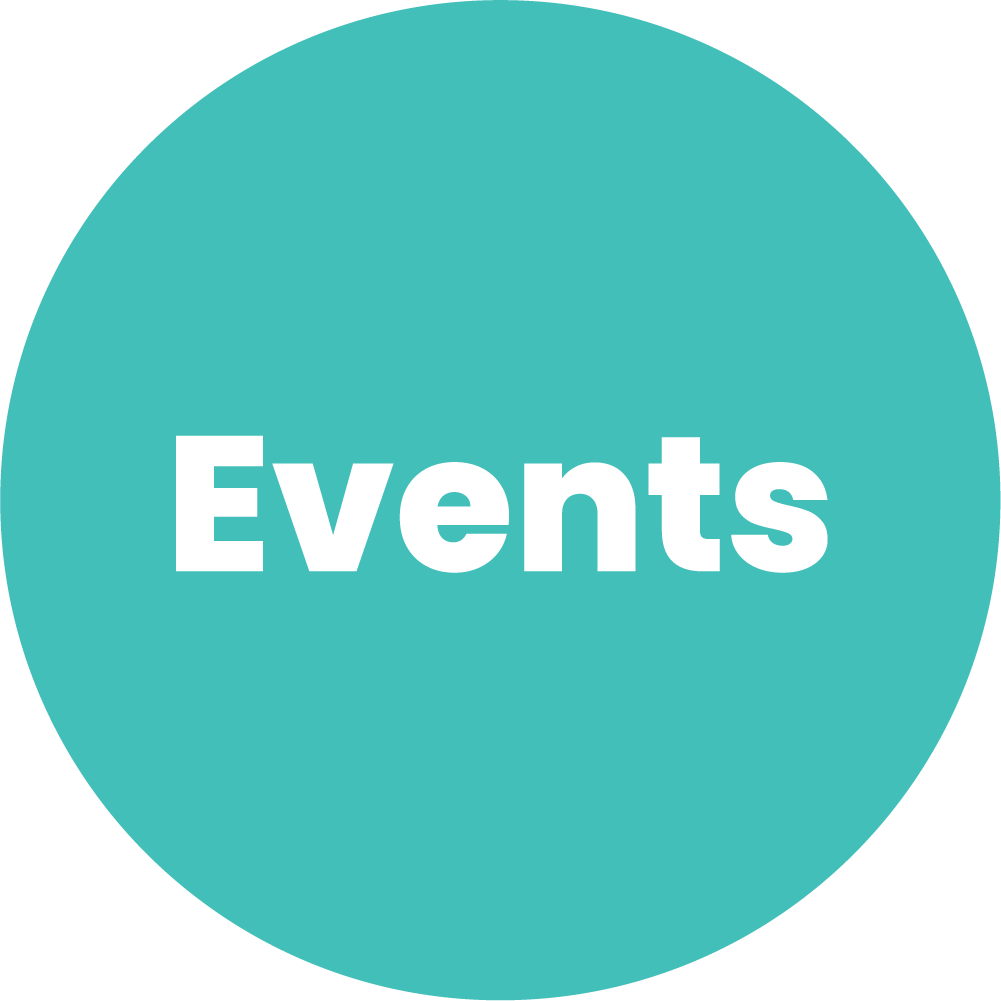 A teal circular button with the word "Events" written in white centered text.