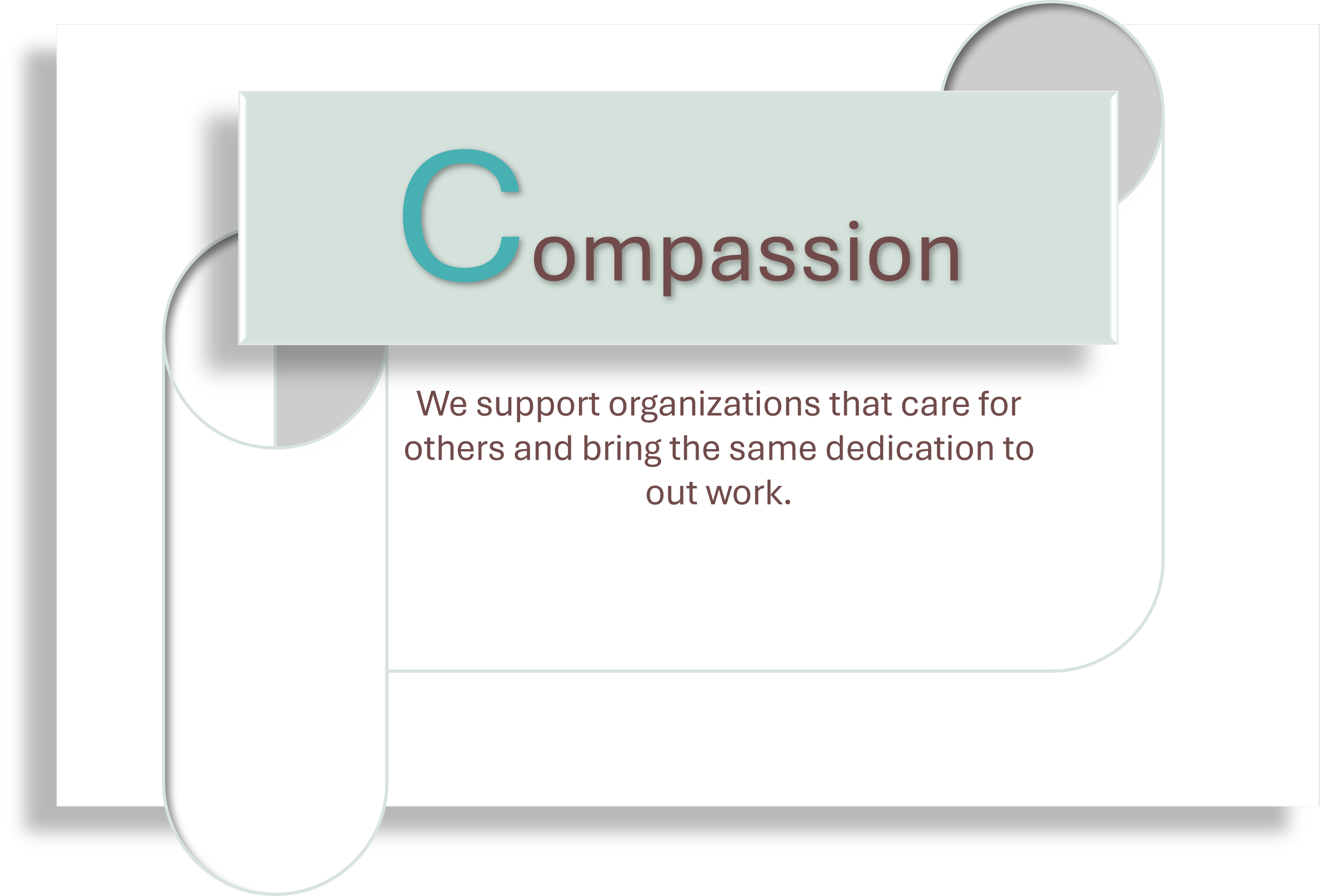 A presentation slide with a large heading that says 'Compassion' and a subtext that reads, 'We support organizations that care for others and bring the same dedication to out work.'