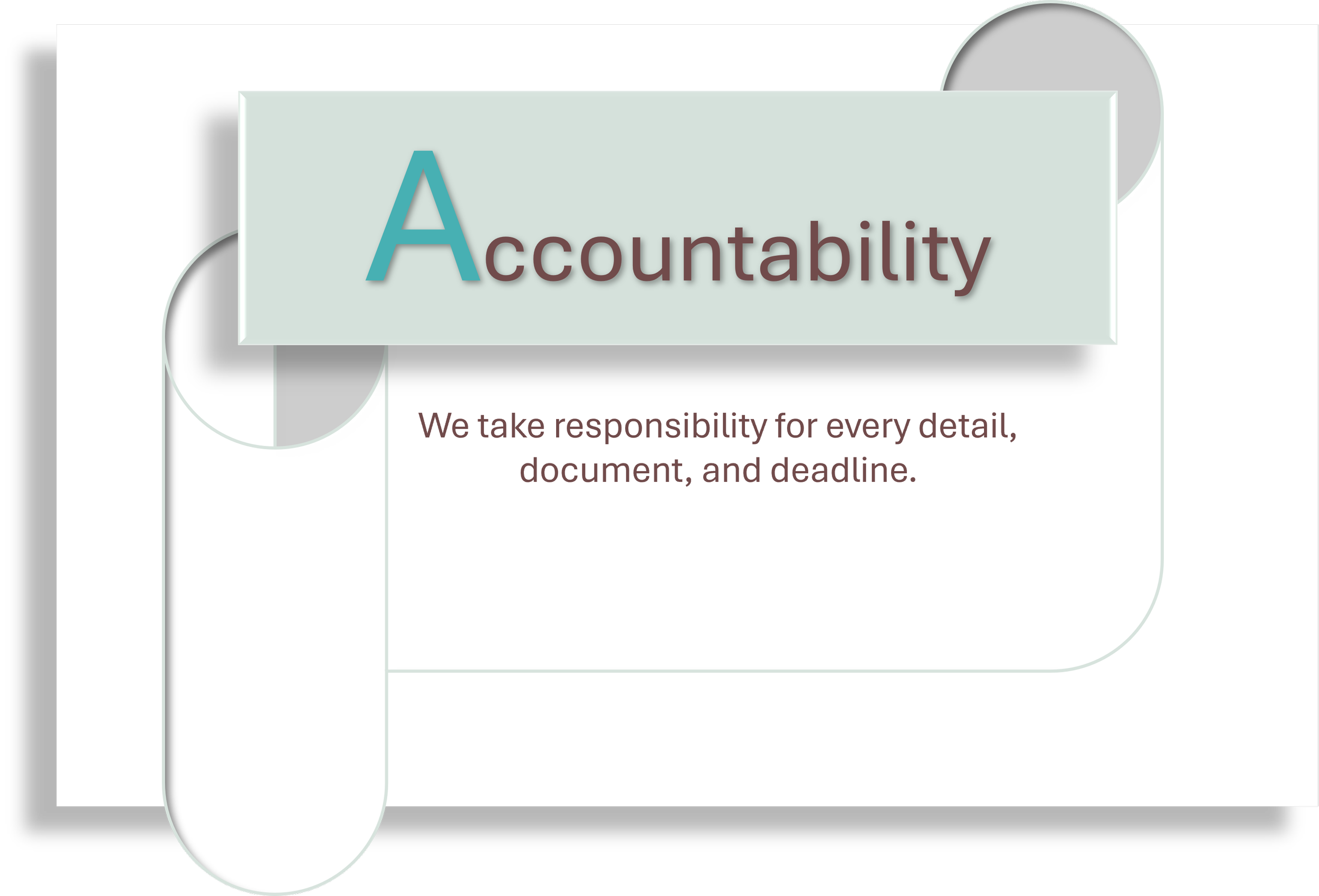 A presentation slide with the title "Accountability" in large font, and a subtitle that reads "We take responsibility for every detail, document, and deadline." The slide has a modern, minimalistic design with circular shapes and a light color scheme.