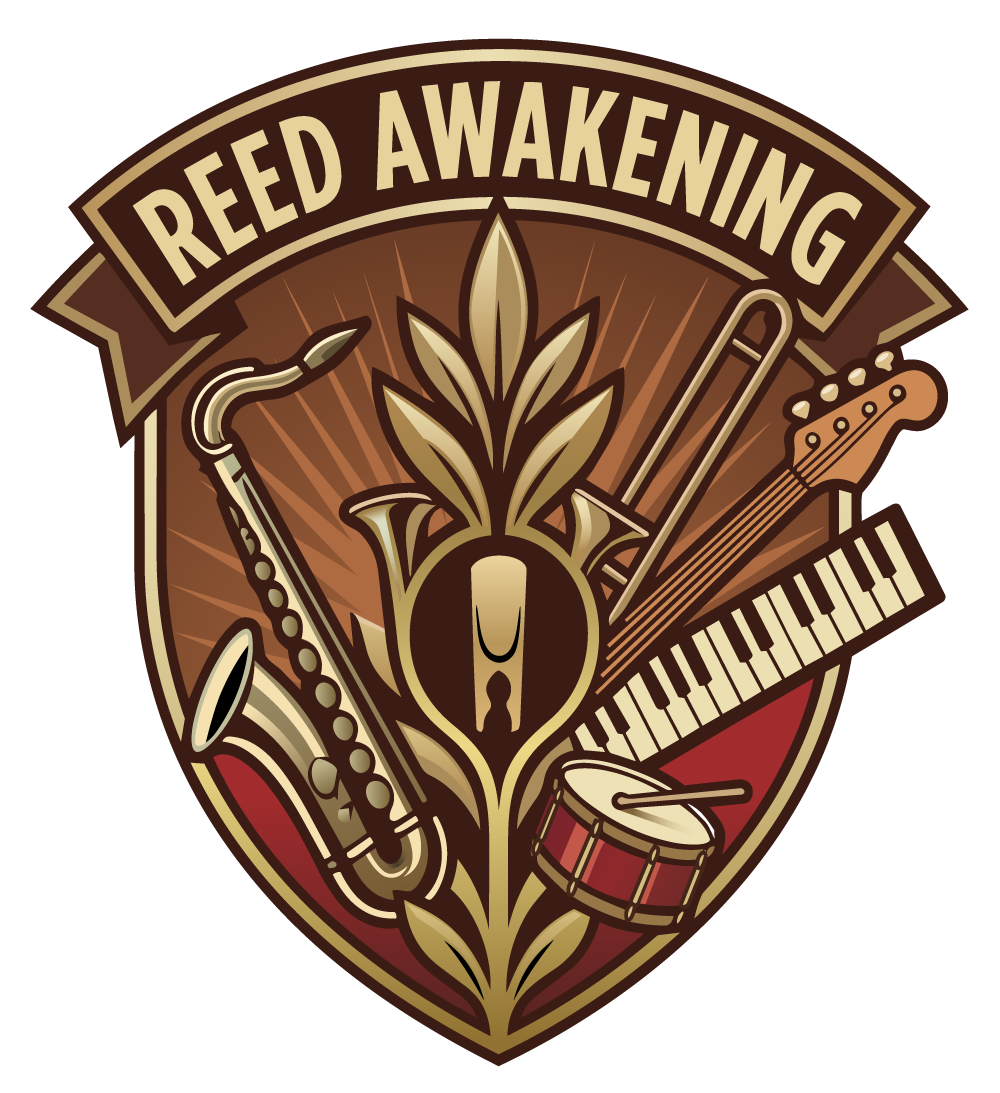 A musical band emblem with the words "Reed Awakening" at the top, featuring a saxophone, Brass, Bass, keyboard, and drum all integrated into a shield-shaped design.