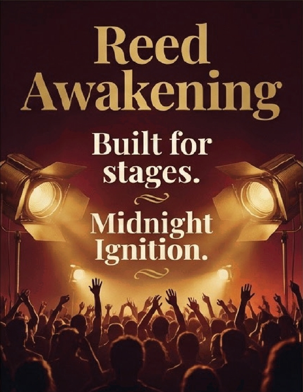 Poster with large stage lights and silhouettes of a crowd at a concert. The text reads 'Reed Awakening Built for stages. Midnight Ignition.'