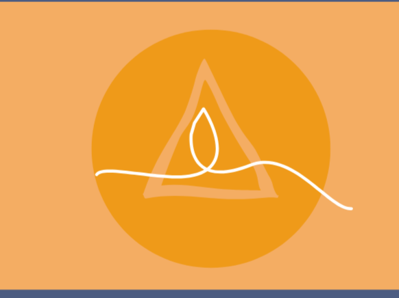 A minimalist illustration featuring a white thread woven into a triangle shape with a small leaf-like element in the center, set against an orange circular background with a light orange rectangle behind it.