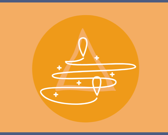 Stylized abstract design with a central orange circle, light orange background, and a white line drawing inside the circle resembling a swirling ribbon with small plus signs.