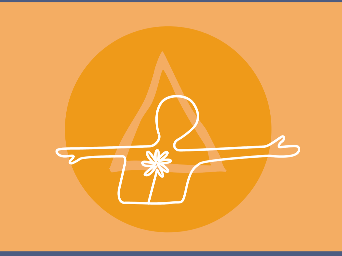 Minimalist line art illustration of a person with outstretched arms, a flower at the chest, and a stylized 'A' symbol in the background, on an orange circular background.