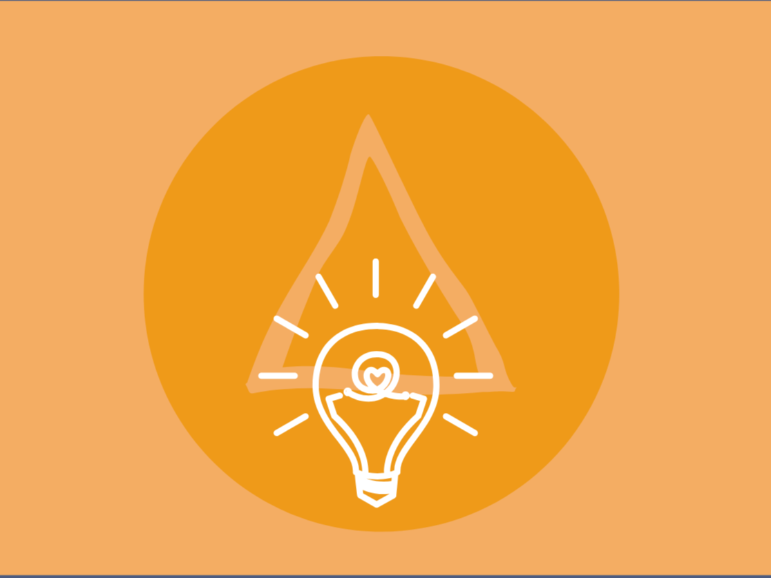 Simple digital illustration of a lightbulb with a heart inside, light rays emanating from it, and a mountain shape behind it, all in a warm orange color scheme.