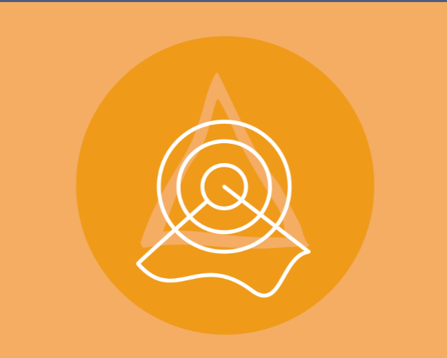An abstract logo featuring an orange circle with a stylized triangular shape inside. Overlaid are white lines forming a radar or target pattern with concentric circles and a line resembling an animal silhouette at the bottom.