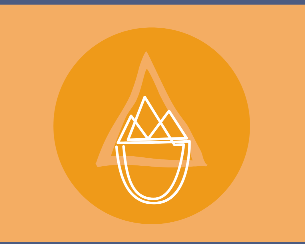 A stylized drawing of a tent with a camping fire pit in front, in white lines on a circular orange background.