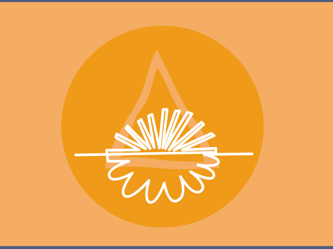 Abstract illustration with orange background, featuring a central white line art design resembling a flower or burst with a triangular shape at the top and radiating lines.