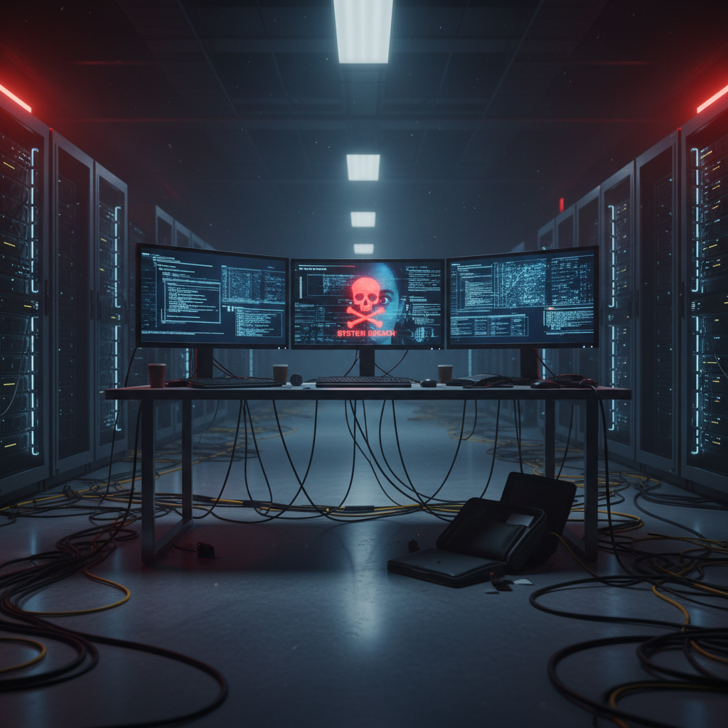 A dark server room with multiple computer monitors on a desk, displaying lines of code, a red skull and crossbones warning sign, and the words 'System Breach'. Cables are tangled on the floor and a briefcase lies open nearby.