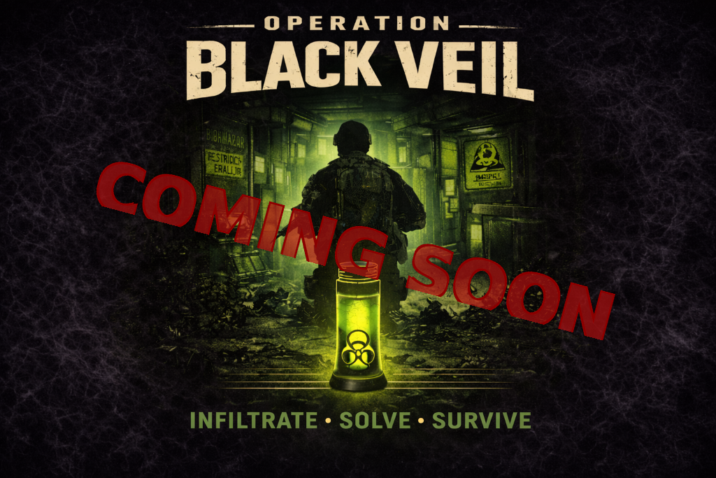 Poster for a game called "Operation Black Veil" with a soldier silhouette walking into a green-tinted, post-apocalyptic environment, featuring biohazard symbols and warning signs, and the words "Coming Soon" in red overlayed diagonally, with the tagline "Infiltrate, Solve, Survive."