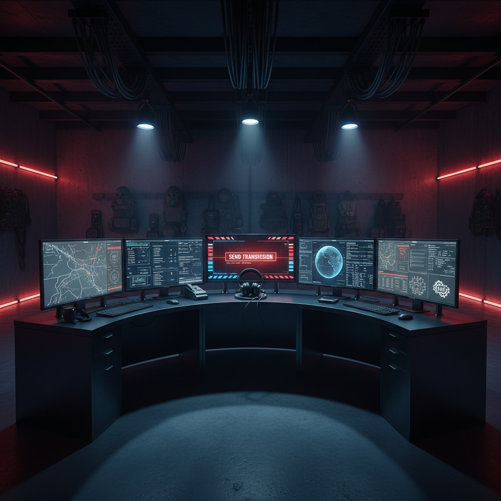 A high-tech surveillance or command center with five computer monitors displaying maps, data, and digital graphics, centered around a control desk with headphones, in a dimly lit room with a futuristic ambiance.
