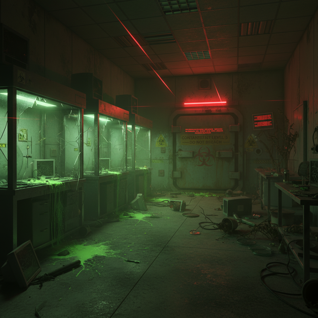 A dark, abandoned lab with broken monitors and green glowing slime spilling from glass display cases, red laser lights, and glowing biohazard signs, indicating a hazardous and contaminated environment.