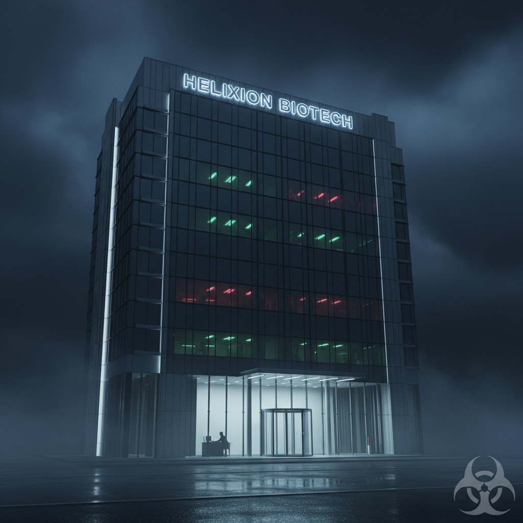 Nighttime view of Helixion Biotech office building with illuminated sign and colorful lights inside, dark cloudy sky overhead.