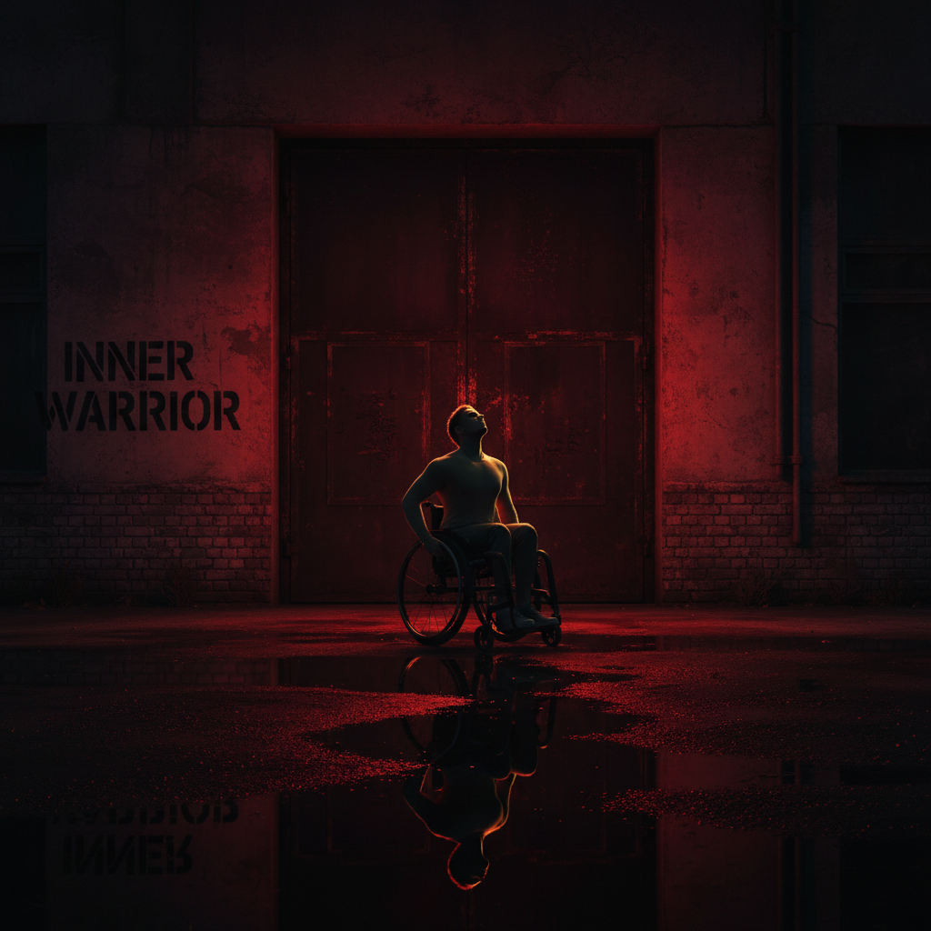 Person in a wheelchair looking up, backlit in a dark, industrial setting with a large red door and the words 'Inner Warrior' on the wall.