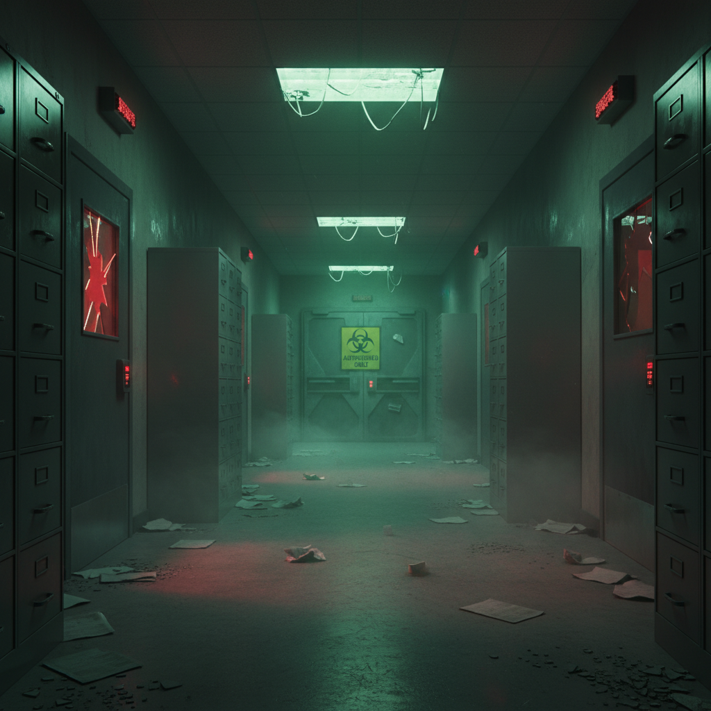 A dimly lit, abandoned hallway with scattered papers, lockers on both sides with glowing red lights, broken ceiling panels, and a biohazard warning sign on a door at the end of the hall.