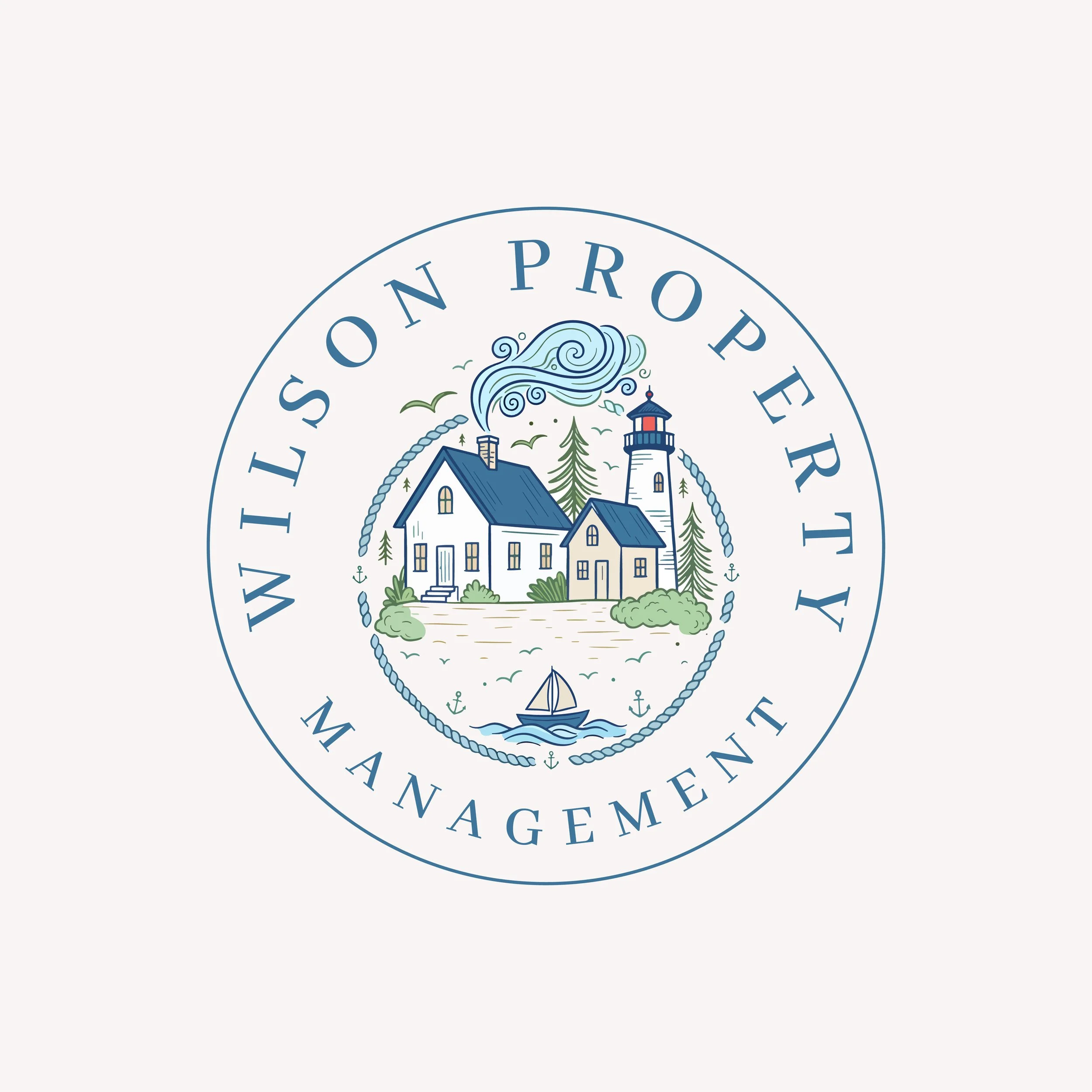 A circular logo with the text 'Wilson Property Management' around the top and bottom edges. The center features a house with a chimney emitting smoke, surrounded by trees, a lighthouse, birds, a sailboat, and a rope border.