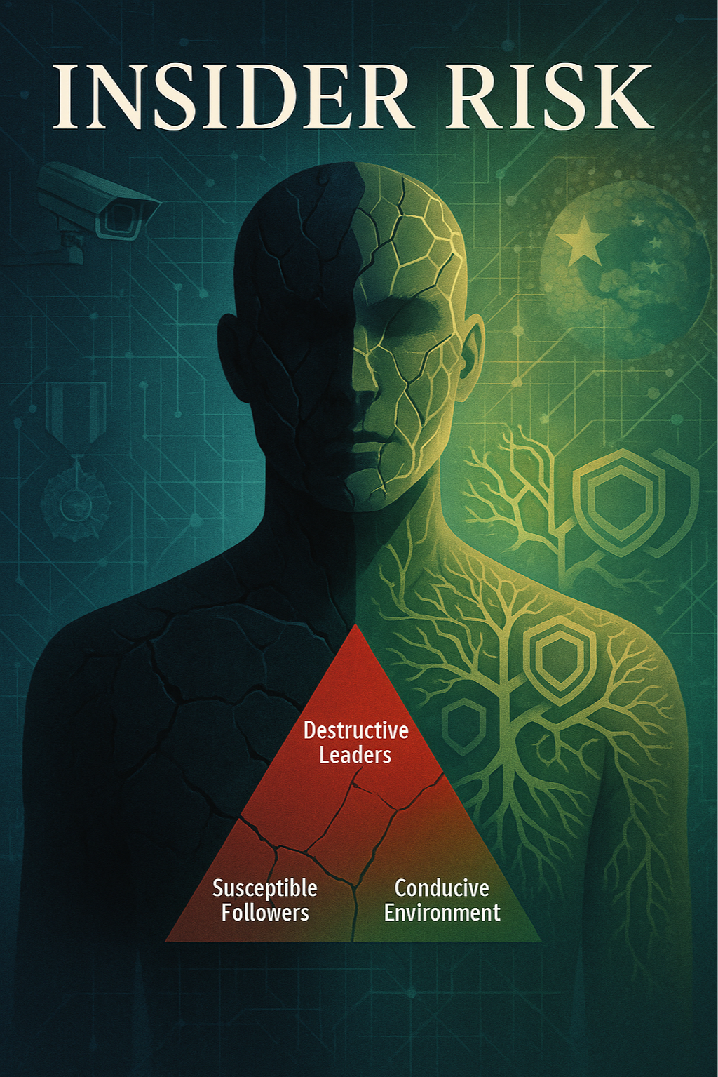 Book cover titled 'Insider Risk' featuring a half-human, half-digital figure with a cracked, dark left side and a tree with shields on the right, overlayed on a digital background. A red triangle at the bottom shows 'Destructive Leaders,' 'Susceptible Followers,' and 'Conducive Environment.'