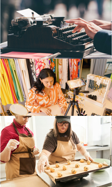 A collage of three images: an old typewriter with a person's hands typing, a woman in a colorful shop surrounded by fabric and a camera set up for recording, and two bakers wearing aprons and gloves decorating cookies in a bakery kitchen.