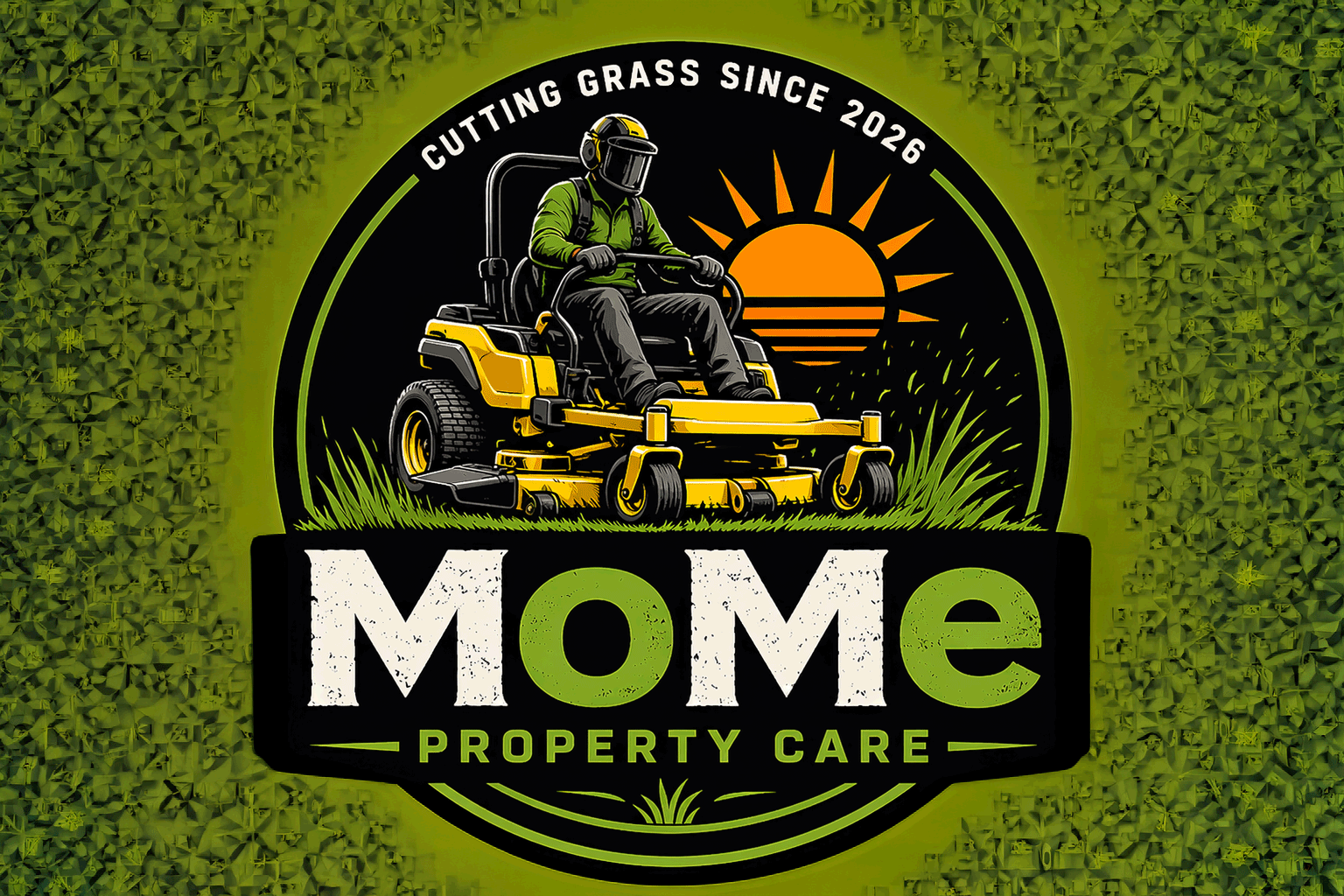 Logo for MOMe Property Care, featuring a person mowing grass with a riding mower in front of a sunset, with green and black color scheme, and text indicating the company was established in 2026.