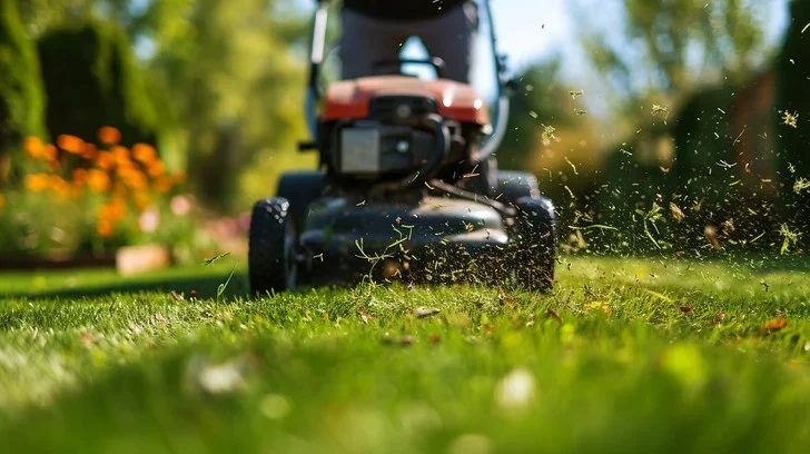 Close-up of a lawn mower cutting grass outdoors with grass flying up.