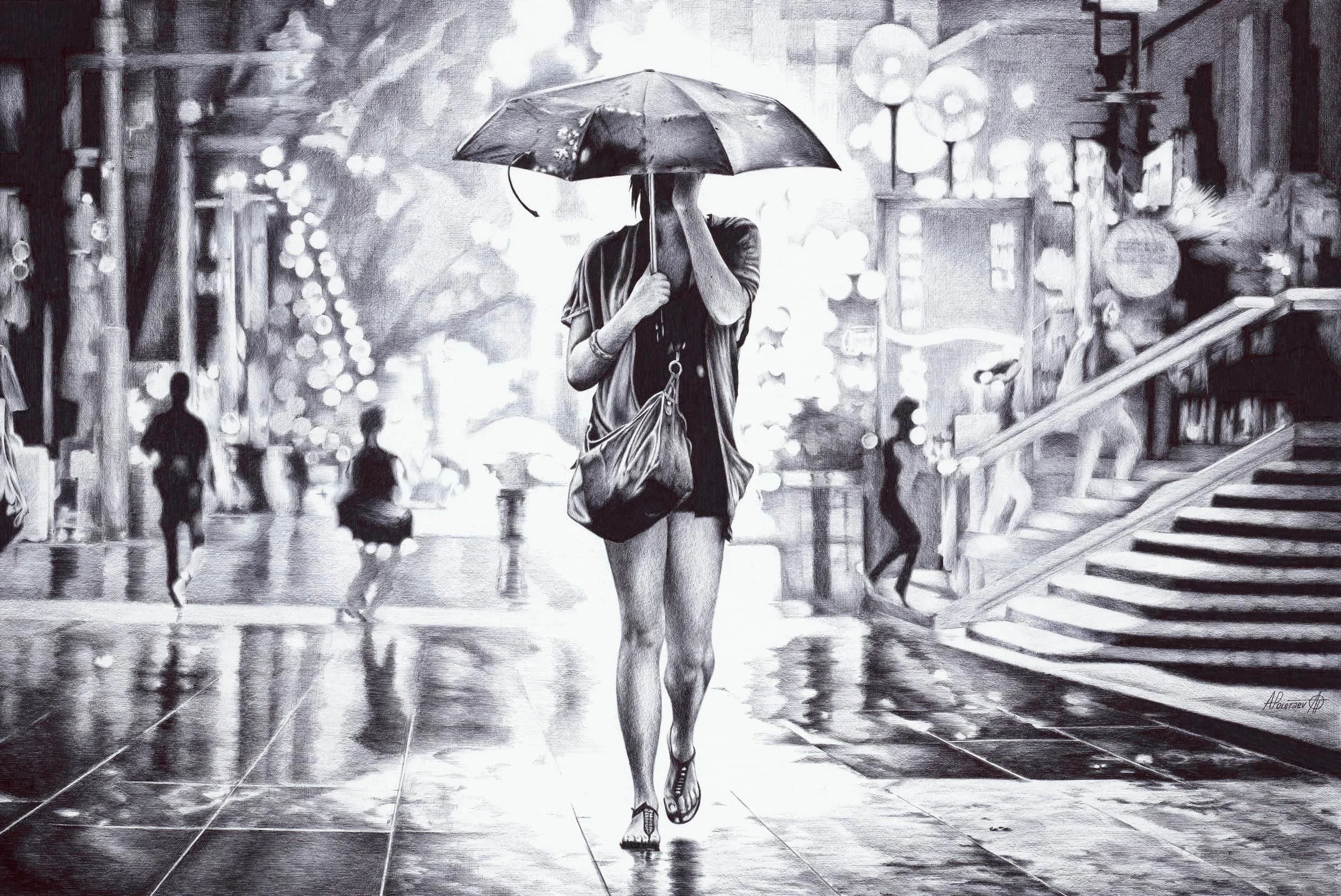 Nocturne
Ballpoint pen on Whatman paper | Available
A solitary figure on a rain-soaked street — city lights glowing in the darkness, the world reduced to monochrome and atmosphere. The work that defines the poletaevart.com identity.