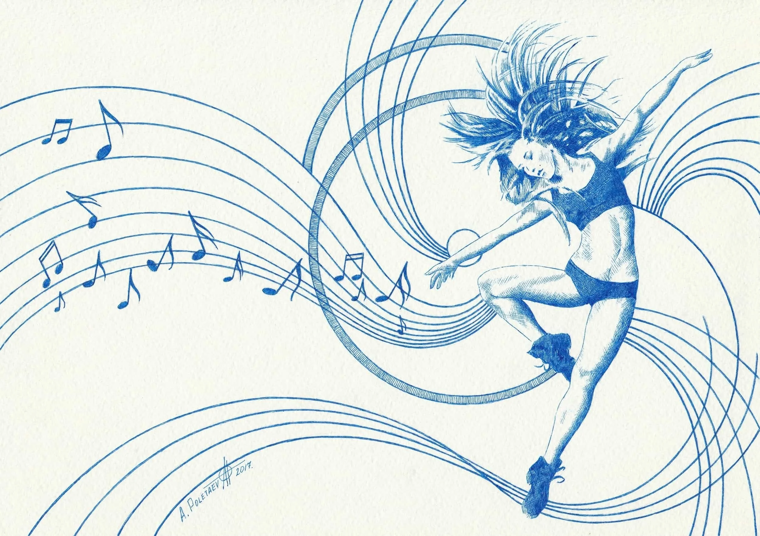 Dance Study I — Miniature
Ballpoint pen on paper | 8.25" × 11.5" | 2017 | Available
Two figures in motion — flowing fabric, intertwined limbs, pure blue monochrome. A miniature from the Elegance collection.