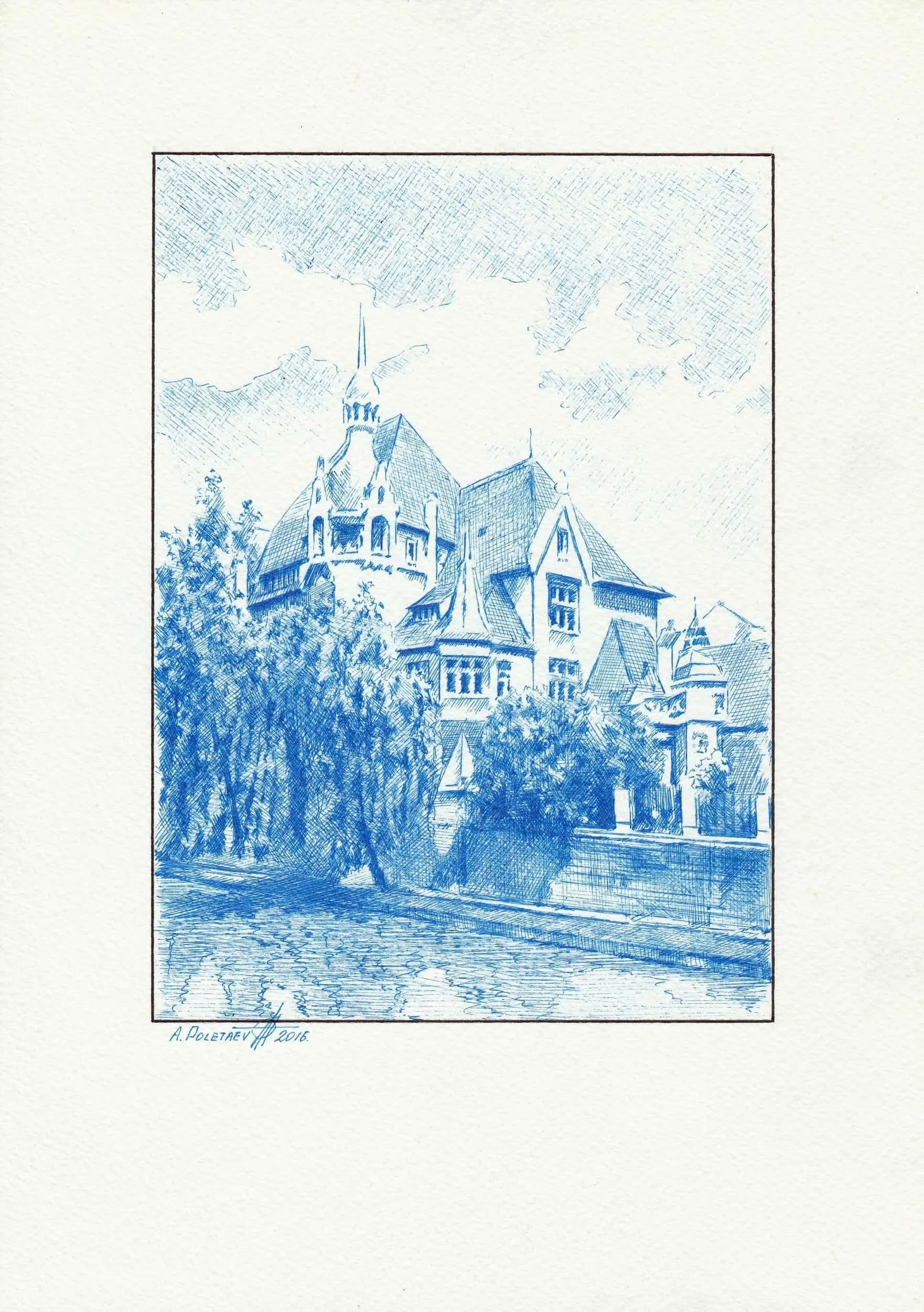 Chateau — Miniature
Ballpoint pen on paper | 8.25" × 11.5" | 2016 | Available
A romantic chateau reflected in still water — spires, gabled rooftops and summer trees in striking blue ballpoint pen.