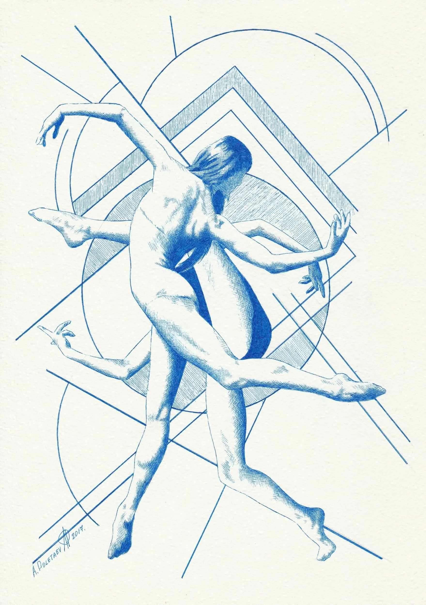 Dance Study III — Miniature
Ballpoint pen on paper | 8.25" × 11.5" | 2017 | Available
Three dancers intertwined — grace, strength and precision captured in blue monochrome. From the Elegance collection.